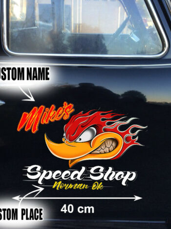 Personalized Woodpecker Garage Vinyl Decals - Mr. Horsepower Hot Rod